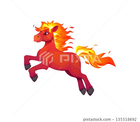 Chinese lunar New Year horse with fire mane jumping forward, vector cartoon character. CNY holiday symbol or Chinese New Year cheerful horse zodiac animal with burning mane for greeting card 135318692