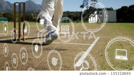 Highlighting cricket batsman legs beside stumps on pitch crease, showing digital icons, copy space 135318693