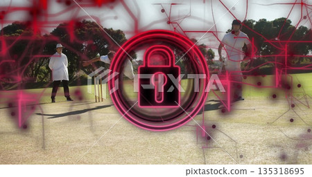 Bowling cricketer wearing white sending ball toward batsman on pitch, with padlock network overlay Bowling cricketer wearing white sending ball toward batsman on pitch, with padlock network overlay 135318695