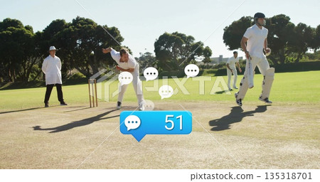 Bowler in white kit delivering ball with right-arm bowling on grass pitch, chat alert showing 51 Bowler in white kit delivering ball with right-arm bowling on grass pitch, chat alert showing 51 135318701