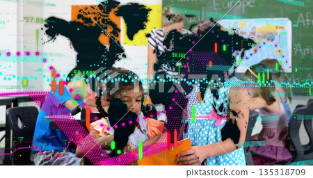 Leaning teacher guiding student in classroom, with tablets data overlay world map poster chalkboard Leaning teacher guiding student in classroom, with tablets data overlay world map poster chalkboard 135318709