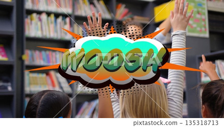 Raising hands, elementary students answering teacher question at library tables with WOOSH overlay 135318713