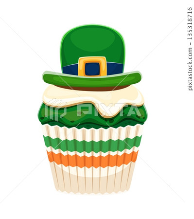 St Patrick Day sweet cupcake with leprechaun hat for Irish holiday dessert, cartoon vector. Happy Saint Patrick day sweet dessert, cupcake biscuit or green muffin in wrapper with Ireland flag colors 135318716