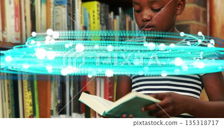 Girl reading open book in library, with bookshelves, brick accent wall, digital swirl, copy space Girl reading open book in library, with bookshelves, brick accent wall, digital swirl, copy space 135318717