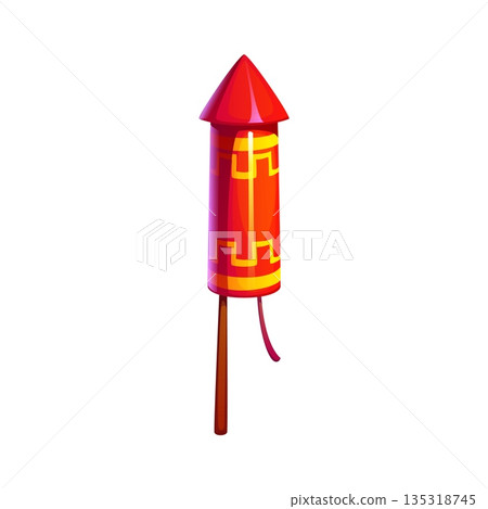 Chinese Lunar New Year firework petard icon. Cartoon vector red and gold rocket with pointed top, symbolizing CNY celebration, festivity and excitement on holiday and festive events, ready to launch 135318745