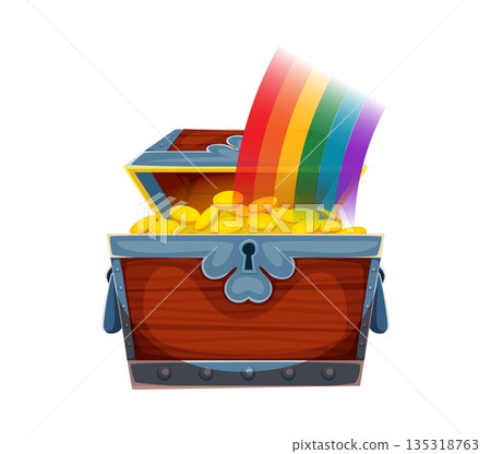Cartoon treasure chest full of gold coins and rainbow. Vector happy St Patrick day symbol, lucky box, wooden magical trunk with golden wealth. Festive Irish holiday leprechaun riches, prosperity sign 135318763