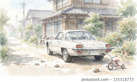 Retro landscape and car illustration style 135318773
