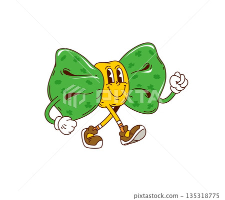 Cartoon groovy Saint Patrick's day bow tie character, retro holiday accessory personage. Vector happy green necktie with friendly smile, expressive eyes and fashionable sneakers, exuding festive charm Cartoon groovy Saint Patrick's day bow tie character, retro holiday accessory personage. Vector happy green necktie with friendly smile, expressive eyes and fashionable sneakers, exuding festive charm 135318775