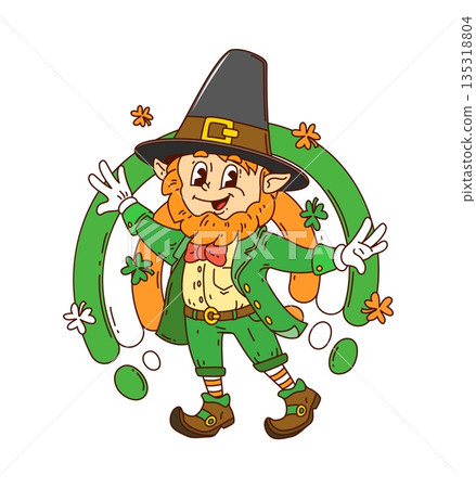 Cartoon groovy Saint Patricks day character. A happy leprechaun in a green suit, red bow tie, and hat dances with a funky 70s vibe. Comic vector mascot against a rainbow with floating clover leaves 135318804