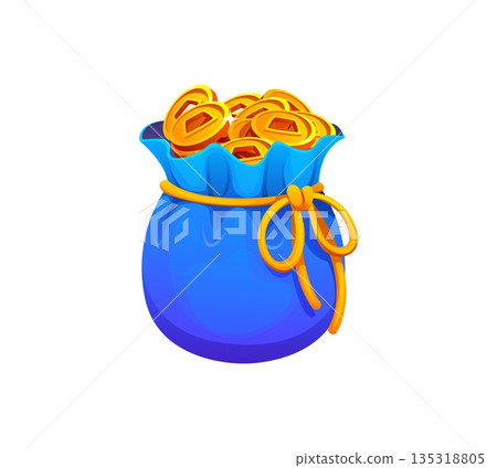 Chinese Lunar New Year happy bag or lucky poach with money coins, cartoon vector. CNY holiday symbol of blue money bag with gold coins for good fortune, wealth and prosperity on Chinese Lunar New Year Chinese Lunar New Year happy bag or lucky poach with money coins, cartoon vector. CNY holiday symbol of blue money bag with gold coins for good fortune, wealth and prosperity on Chinese Lunar New Year 135318805