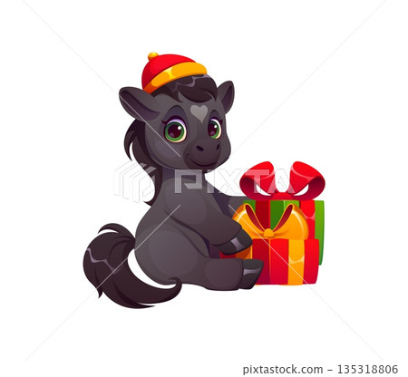 Cartoon Chinese Lunar New Year horse foal character. Cute cartoon animal in red and gold hat, sitting with gifts. Cheerful vector personage celebrates Chinese zodiac, perfect for Lunar New Year cards 135318806
