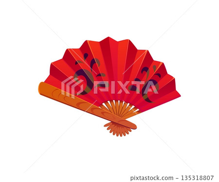 Chinese lunar New Year holiday icon of red folding fan with calligraphy, vector Asian symbol. Chinese Lunar New Year brise fan Che San or Zheshan with traditional greeting poem calligraphy ornament Chinese lunar New Year holiday icon of red folding fan with calligraphy, vector Asian symbol. Chinese Lunar New Year brise fan Che San or Zheshan with traditional greeting poem calligraphy ornament 135318807