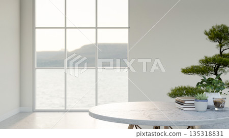 White frame glass window and white wall with houseplant in pot on marble floor in a sea view room. White frame glass window and white wall with houseplant in pot on marble floor in a sea view room. 135318831