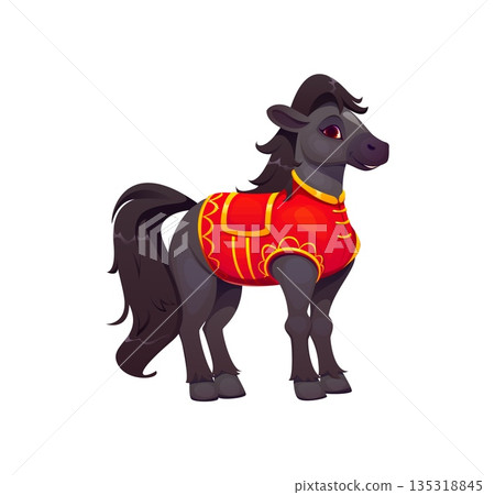 Chinese New Year cartoon horse in traditional Asian Hanfu costume, vector funny character. CNY holiday symbol of Chinese New Year, cheerful horse stud in red tang vest suit for holiday greeting card Chinese New Year cartoon horse in traditional Asian Hanfu costume, vector funny character. CNY holiday symbol of Chinese New Year, cheerful horse stud in red tang vest suit for holiday greeting card 135318845