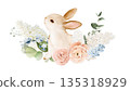 Cute watercolor bunny with spring flowers and greenery. Isolated clipart. Hand painted illustration for spring decor, greeting cards, nursery art, invitations, kids prints, posters, seasonal designs. 135318929