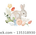 Cute watercolor Easter bunny with decorated eggs and spring flowers. Isolated clipart. Hand painted illustration for Easter cards, kids decor, invitations, posters, seasonal prints and festive design. 135318930