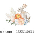 Cute watercolor Easter bunny with eggs and spring flowers. Isolated clipart. Hand painted illustration for Easter decor, greeting cards, kids prints, invitations, posters and seasonal designs. 135318931