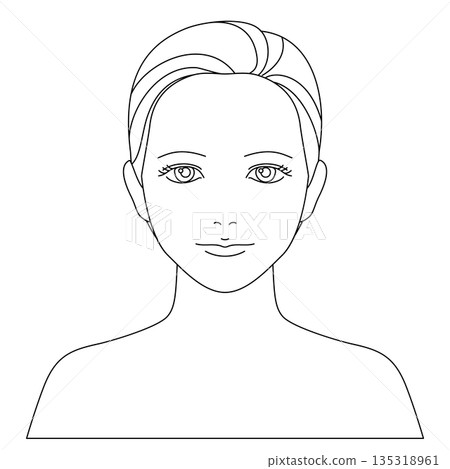 一幅線條畫向量插圖，描繪了一位睜著眼睛、面向前方的女性，便於用於講解護膚和化妝技巧。 135318961