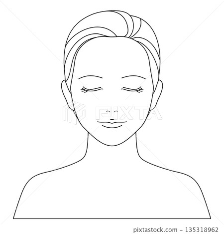A line drawing vector illustration of a woman facing forward with her eyes closed, easy to use for explaining skin care and makeup A line drawing vector illustration of a woman facing forward with her eyes closed, easy to use for explaining skin care and makeup 135318962