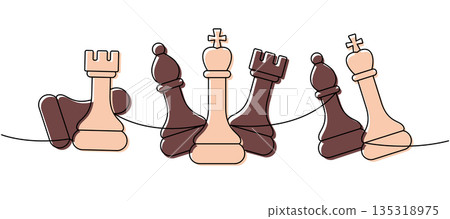 Linear minimalist outline of six chess pieces including rooks, bishops, king, queen on a line, abstract team contour Linear minimalist outline of six chess pieces including rooks, bishops, king, queen on a line, abstract team contour 135318975