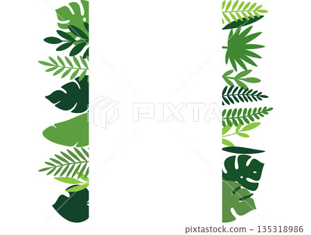 Vertical tropical leaves border design. Green jungle foliage for invitations, flyers, or summer-themed decorations 135318986