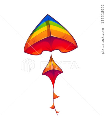 Festival cartoon paper kite with flowing tail. Kids toy for summer outdoor fun and festive activities or Makar Sankranti Indian holiday celebration. Isolated colorful vector decorative flying kite 135318992