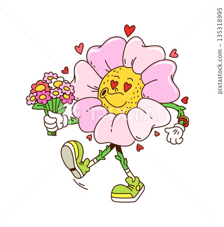 Cartoon retro valentine groovy daisy flower character with a bouquet. Vector vintage, funky chamomile playfully sends air kisses with love hearts. Isolated romantic valentines day flirty y2k personage 135318995