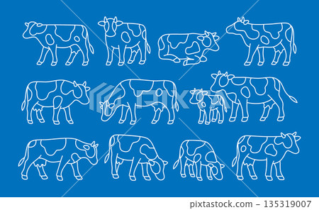 White outline cow icon set on blue background. Minimal linear farm animal collection in modern vector style White outline cow icon set on blue background. Minimal linear farm animal collection in modern vector style 135319007