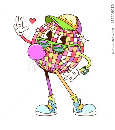 Retro cartoon groovy disco ball vector character with expressive striking pose like celebrating and blowing bubblegum. Vector party discoball or mirror ball personage with radiating dance floor energy 135319010