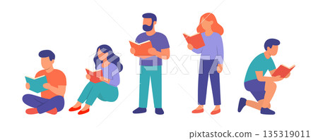 Flat illustration of young men and women reading books, sitting and kneeling in relaxed positions. Minimalist vector design 135319011