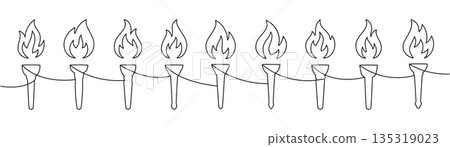 Continuous line drawing of burning torches in a row. Minimalist one line vector flame illustration symbolizing ceremony, freedom, protest and unity 135319023