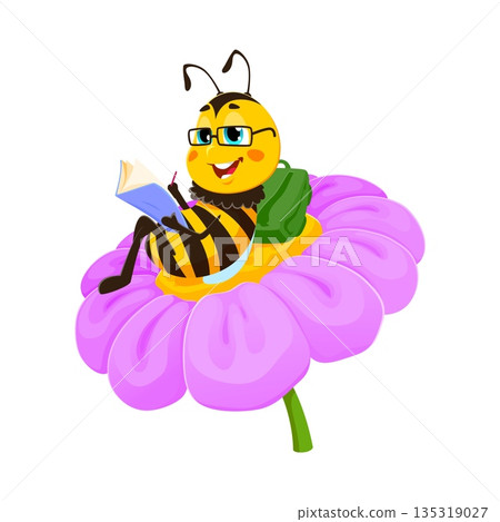 Sitting on flower honey bee bug character. Honey bee insect cute isolated personage, bumblebee baby cheerful vector character. Honeybee bug student funny cartoon mascot doing homework on daisy flower Sitting on flower honey bee bug character. Honey bee insect cute isolated personage, bumblebee baby cheerful vector character. Honeybee bug student funny cartoon mascot doing homework on daisy flower 135319027