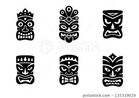 Collection of six tiki masks with unique expressions. Polynesian tribal vector illustration for cultural posters and festival designs 135319029
