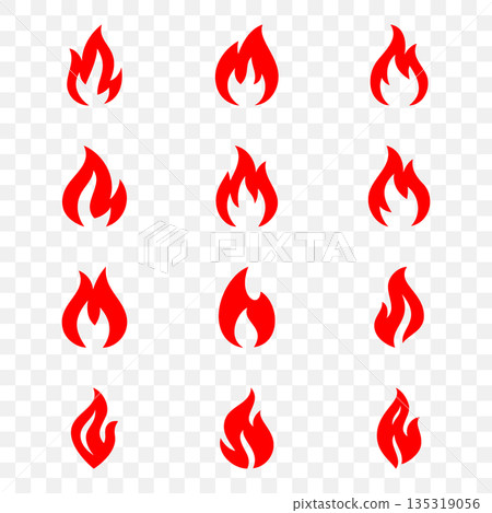 Set of red flame icons isolated on transparent background. Vector fire clipart for hot, energy, hazard, danger and modern design concepts Set of red flame icons isolated on transparent background. Vector fire clipart for hot, energy, hazard, danger and modern design concepts 135319056