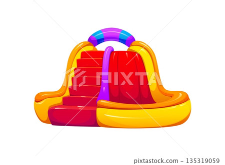 Trampoline park bouncy, inflatable playground slide with red stairs, orange sides. Kids playhouse bouncy vector castle, amusement area slide. Child playground trampoline with stairs, slide and pool Trampoline park bouncy, inflatable playground slide with red stairs, orange sides. Kids playhouse bouncy vector castle, amusement area slide. Child playground trampoline with stairs, slide and pool 135319059