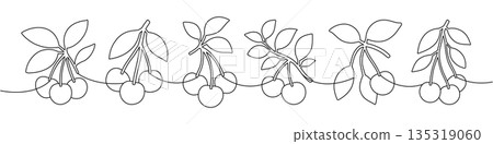 Cherry continuous line vector art. Minimal one line fruit pattern with multiple cherries and leaves for decoration, kitchen, and modern design themes Cherry continuous line vector art. Minimal one line fruit pattern with multiple cherries and leaves for decoration, kitchen, and modern design themes 135319060