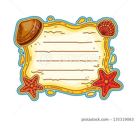 Marine adventure, nautical beech sand kids memo note template. Sea leisure kids scrapbook memo note, marine to do list vector sticker. Summer vacation diary frame with starfish, clam shells on sand Marine adventure, nautical beech sand kids memo note template. Sea leisure kids scrapbook memo note, marine to do list vector sticker. Summer vacation diary frame with starfish, clam shells on sand 135319063