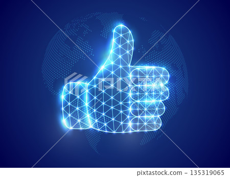 Thumbs up hand gesture glowing in blue neon polygon mesh. Digital interface design and futuristic data background Thumbs up hand gesture glowing in blue neon polygon mesh. Digital interface design and futuristic data background 135319065
