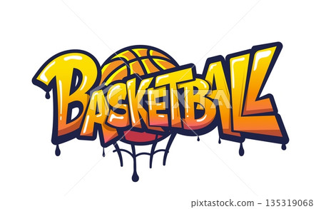 Basketball street graffiti, cool paint spray. Street graffiti print, wall calligraphy vector cool artwork. Urban airbrush drawing or paint spray with funky orange typography and basketball ball in net Basketball street graffiti, cool paint spray. Street graffiti print, wall calligraphy vector cool artwork. Urban airbrush drawing or paint spray with funky orange typography and basketball ball in net 135319068