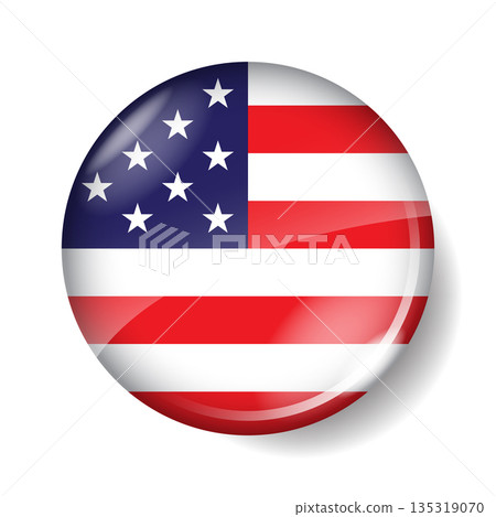 3D glossy round United States flag badge. Patriotic American button icon isolated on white background. Perfect for voting, election, and national holiday designs. Vector illustration. 135319070