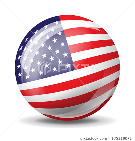 3D glossy sphere with United States flag design. Realistic American flag orb with shadow isolated on white background. Concept for global politics, sports, and national identity. Vector illustration. 135319071
