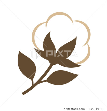 Cotton flower with brown leaves and white fluff. Flat vector icon for agricultural, textile, or eco-friendly designs Cotton flower with brown leaves and white fluff. Flat vector icon for agricultural, textile, or eco-friendly designs 135319119