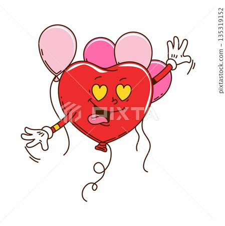 Cartoon retro valentine groovy heart shaped balloon character flying with balloons bunch and loving face expression. Vector funky y2k personage spreading love in nostalgic, Valentines Day celebration Cartoon retro valentine groovy heart shaped balloon character flying with balloons bunch and loving face expression. Vector funky y2k personage spreading love in nostalgic, Valentines Day celebration 135319152