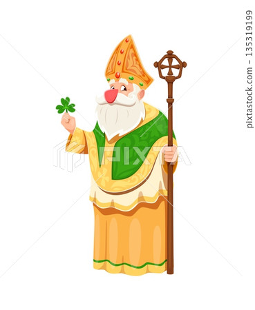 Cartoon Saint Patrick character holding a shamrock and staff. Vector personage features traditional green and golden attire, emphasizing celebration of Irish culture, heritage, and festive season Cartoon Saint Patrick character holding a shamrock and staff. Vector personage features traditional green and golden attire, emphasizing celebration of Irish culture, heritage, and festive season 135319199