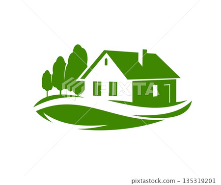 Ecological farm house property real estate graphic icon or symbol. Clean home builder company emblem, eco building contractor vector symbol. Ecological farmhouse or bungalow real estate service icon 135319201