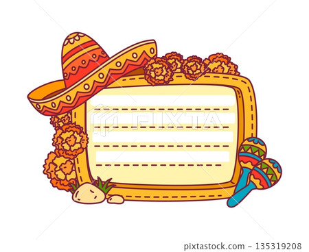 Mexican motif kids memo note template. Kids diary vector Mexico frame, child schedule Latin American sticker. Day planner to do list Mexican memo note with sombrero hat, marigold flowers and maracas Mexican motif kids memo note template. Kids diary vector Mexico frame, child schedule Latin American sticker. Day planner to do list Mexican memo note with sombrero hat, marigold flowers and maracas 135319208