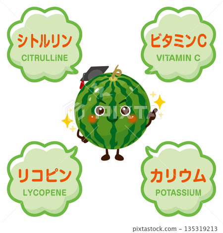 Watermelon character and illustration of ingredients contained in watermelon Watermelon character and illustration of ingredients contained in watermelon 135319213