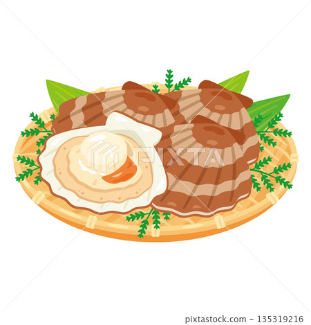 用漏杓盛裝的扇貝插圖 135319216