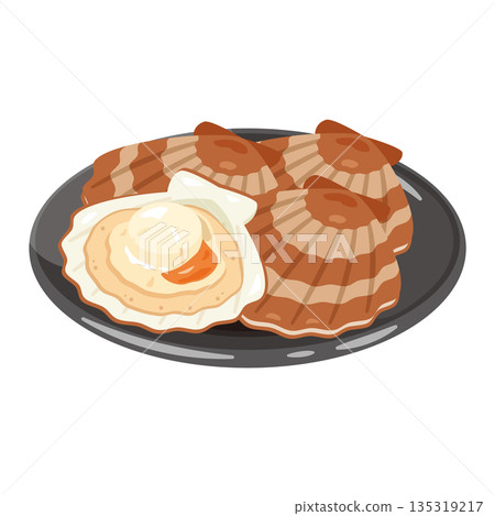 盤中盛裝的帶殼扇貝插圖 135319217