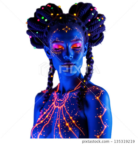 The image shows body art made using fluorescent or luminescent paints 135319219